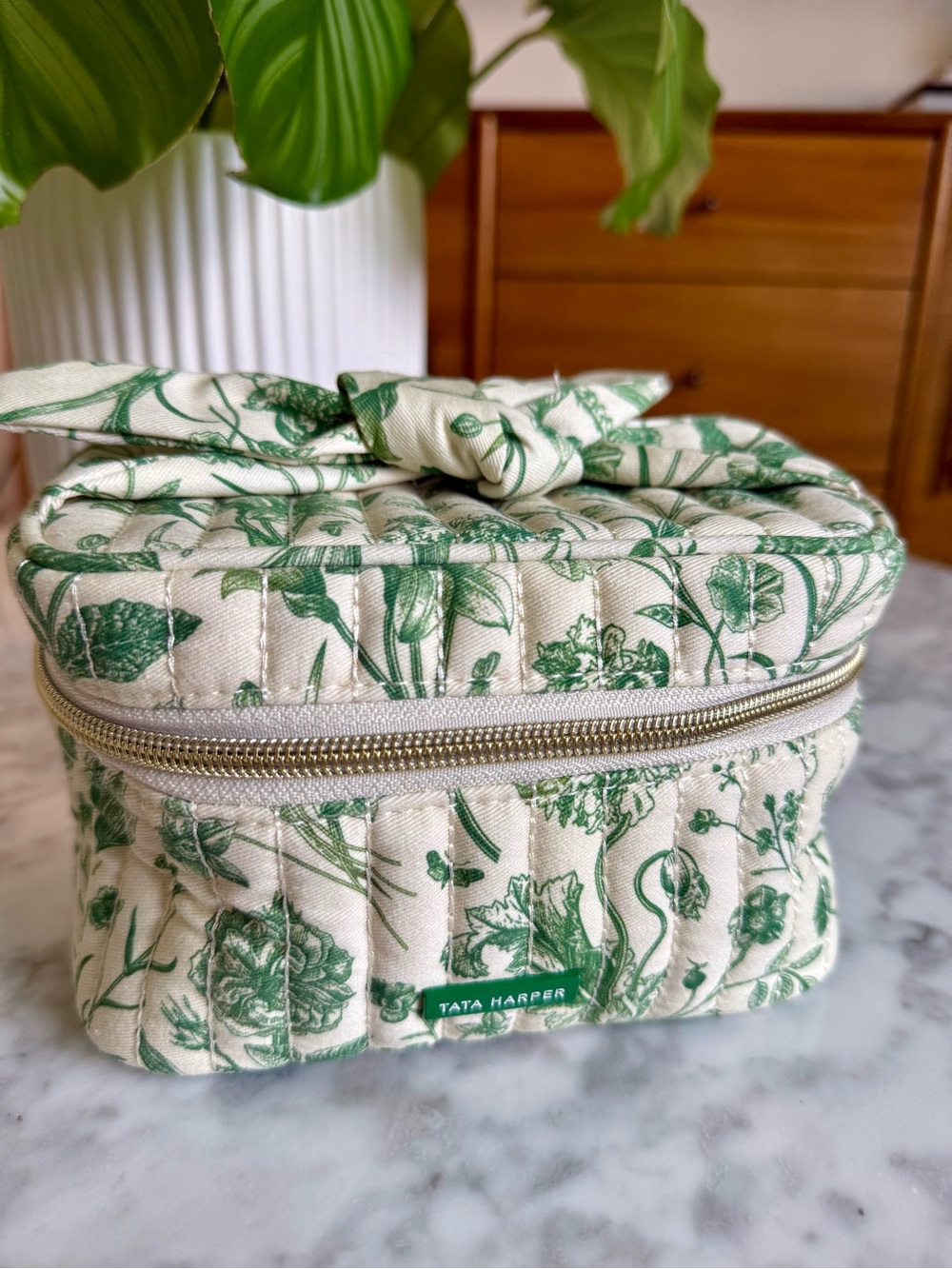 Tata Harper Botanical Bow Handle Quilted Makeup Bag/Pouch